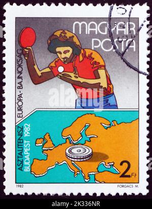 HUNGARY - CIRCA 1982: a stamp printed in Hungary dedicated to European Table Tennis Championship, Budapest, circa 1982 Stock Photo