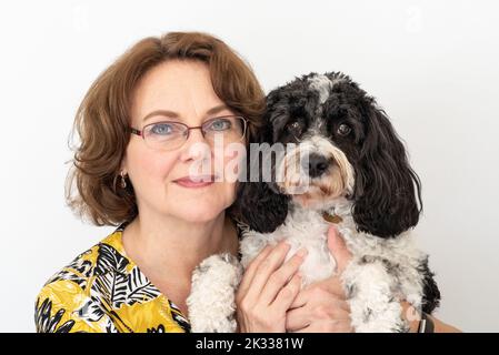 Portrait of attractive middle aged woman holding black and white cockapoo dog, both looking to camera, on a white background. Calmness, togetherness. Stock Photo
