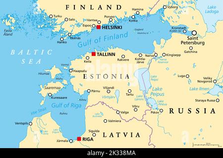 Gulf of Finland and Riga region, political map. Nordic countries Finland, Estonia and Latvia, seaway from Baltic Sea to Saint Petersburg, Russia. Stock Photo