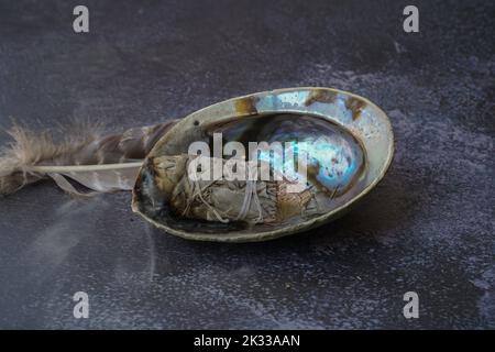 burning sage indoors in abalone shell for meditating Stock Photo