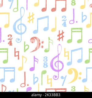 Colorful hand drawn music notes seamless pattern. Vector musical background Stock Vector