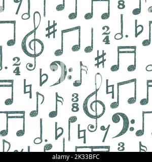 Hand drawn music notes seamless pattern. Vector musical background in black and white colors Stock Vector