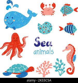 Sea animals set in red and blue colors. Doodle children drawings. Vector illustration Stock Vector