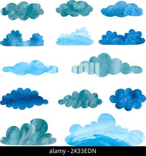 Set of watercolor rainy clouds. Collection of thunderclouds isolated on white Stock Vector