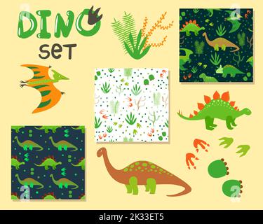 Cute cartoon dinosaurs set. Collection of characters and seanless patterns. Vector illustration Stock Vector