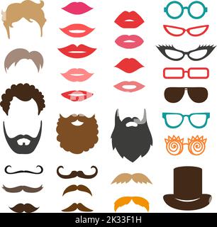 Set of mustache, beards, haircuts, lips and sunglasses. Birthday party photo booth props. Vector collection of icons Stock Vector