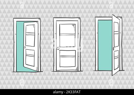 Set of sketch doors, closed and open. Vector illustration Stock Vector