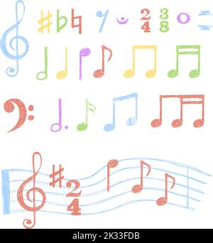 Colorful music notes set. Collection of sketch music symbols isolated on white. Vector illustration Stock Vector