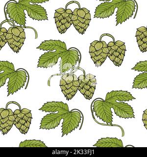 Hand drawn Hops seamless pattern. Vector background with green hop branches, leaves and cones Stock Vector