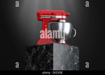 Old Red Kitchen Stand Food Mixer over Marble Show Podium or Pedestal on a black background. 3d Rendering Stock Photo