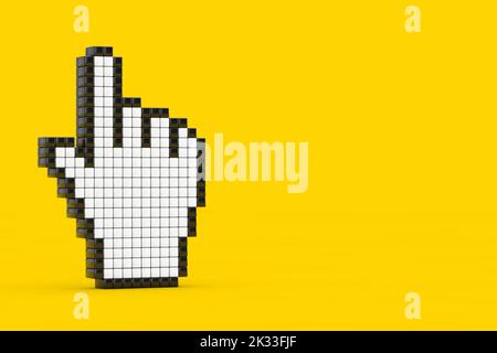 Pixel Hand Cursor Icon on a yellow background. 3d Rendering Stock Photo