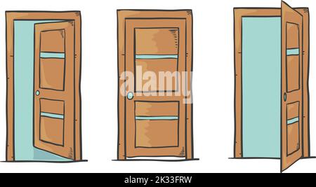 Set of cartoon doors, closed and open, isolated on white. Vector illustration Stock Vector