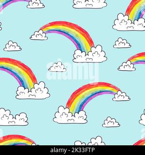 Watercolor rainbows and clouds seamless pattern. Colorful cartoon vector sky background Stock Vector