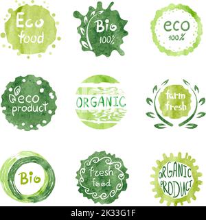 Watercolor green Eco food labels set. Vector collection of hand drawn Bio signs Stock Vector