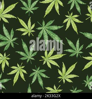 Watercolor marijuana leaves on dark. Seamless pattern. Vector cannabis background Stock Vector