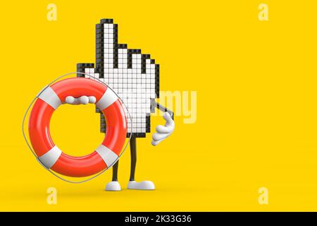 Pixel Hand Cursor Mascot Person Character with Life Buoy on a yellow background. 3d Rendering Stock Photo