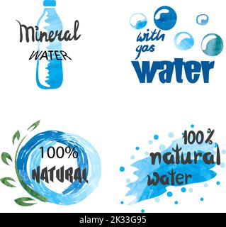 Set of hand drawn watercolor symbols and signs of pure water. Vector collection of aqua labels Stock Vector