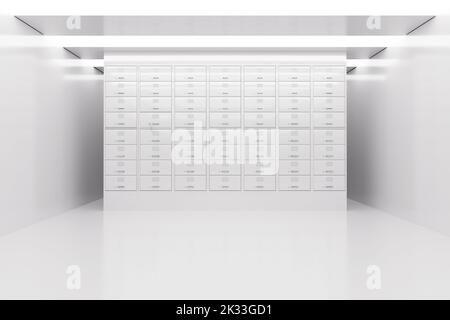 Safe Deposit Boxes Inside White Bank Vault Room extreme closeup. 3d Rendering Stock Photo