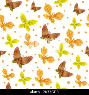 Autumn background with watercolor butterflies as leaves isolated on ...