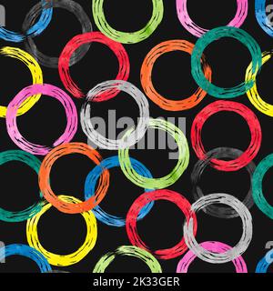 Colorful watercolor rings seamless pattern. Vector background with rainbow circle elements on dark Stock Vector