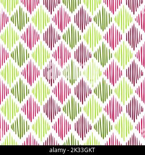 Hand drawn rhombus seamless pattern in green and purple colors. Vector background Stock Vector