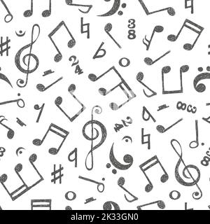Hand drawn music notes seamless pattern. Vector musical background in black and white colors Stock Vector