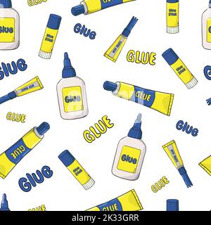 Cartoon glue seamless pattern. Vector background with glue tubes, bottles and sticks isolated on white Stock Vector