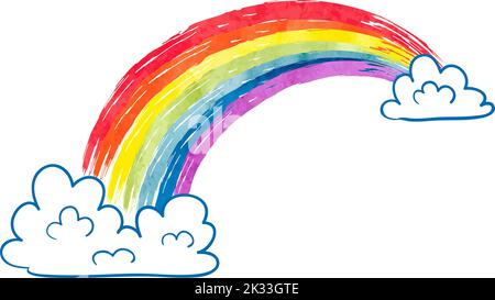 Watercolor cartoon rainbow and clouds isolated on white. Colorful vector illustration Stock Vector