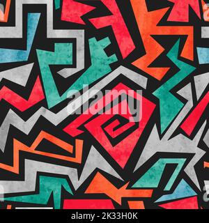 Watercolor graffiti seamless pattern. Vector colorful geometric abstract background in red, orange and blue colors Stock Vector