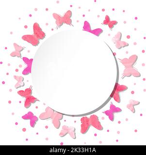 Round vector illustration with watercolor pink butterflies and place for text Stock Vector