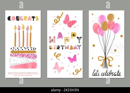 Set of watercolor birthday greetings card design. Vector illustration Stock Vector