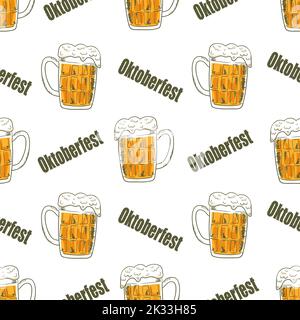 Oktoberfest seamless pattern with mugs of beer. Beer festival celebration. Vector background Stock Vector