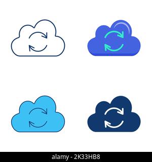 Synchronization icon set in flat and line style. Cloud with spinning arrows symbol. Data upload. Vector illustration. Stock Vector