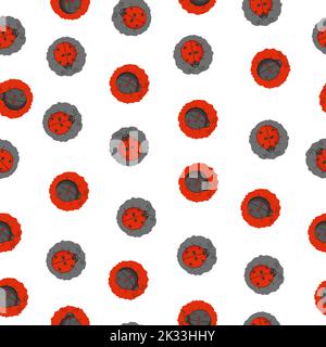 Polka dot seamless pattern with cute ladybugs. Vector circles background with red and black ladybirds Stock Vector