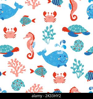 Cute sea animals seamless pattern in blue and pink colors. Vector background with children drawings of whale, turtle, sea horse and fish Stock Vector