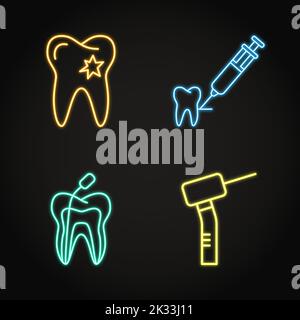 Dental care icon set in neon line style. Caries damaged enamel, root canal treatment and other symbols. Stomatology emblem. Vector illustration. Stock Vector