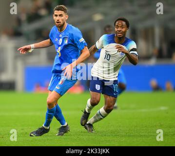 23 Sep 2022 - Italy v England - UEFA Nations League - Group 3 - San Siro  England's Raheem Sterling and his Chelsea team-mate Jorginho during the UEFA Nations League match against Italy. Picture : Mark Pain / Alamy Live News Stock Photo