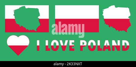 Set of vector illustrations with Poland flag, country outline map and heart. Travel concept. Stock Photo