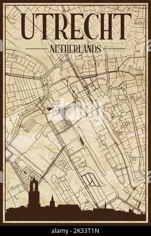 Brown vintage hand-drawn printout streets network map of the downtown UTRECHT, NETHERLANDS with brown city skyline and lettering Stock Vector