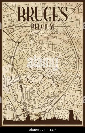 Brown vintage hand-drawn printout streets network map of the downtown BRUGES, BELGIUM with brown city skyline and lettering Stock Vector