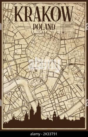 Brown vintage hand-drawn printout streets network map of the downtown KRAKOW, POLAND with brown city skyline and lettering Stock Vector