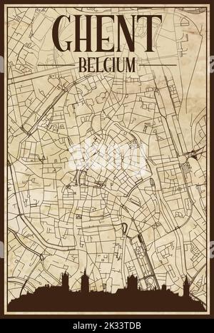 Brown vintage hand-drawn printout streets network map of the downtown GHENT, BELGIUM with brown city skyline and lettering Stock Vector