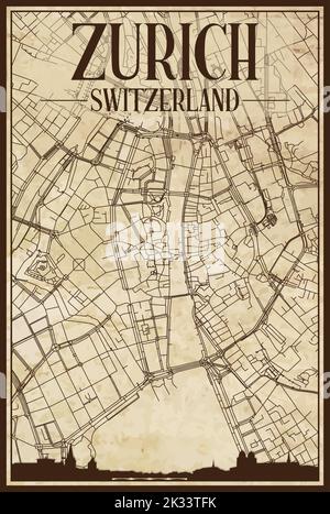 Brown vintage hand-drawn printout streets network map of the downtown ZURICH, SWITZERLAND with brown city skyline and lettering Stock Vector