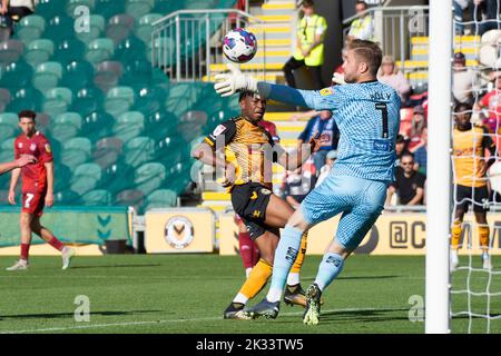 Newport, UK. 24th Sep, 2022. Nathan Moriah-Welsh of Newport County (C) scores his teams 1st goal. EFL football league two match, Newport county v Carlisle Utd at Rodney Parade in Newport, Wales on Saturday 24th September 2022. this image may only be used for Editorial purposes. Editorial use only, license required for commercial use. pic by Credit: Andrew Orchard sports photography/Alamy Live News