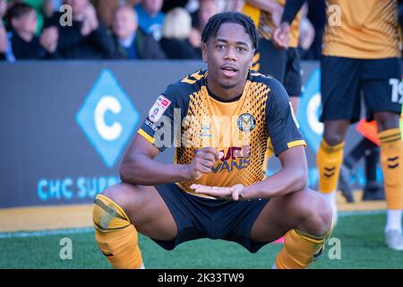 Newport, UK. 24th Sep, 2022. Nathan Moriah-Welsh of Newport County celebrates after he scores his teams 1st goal. EFL football league two match, Newport county v Carlisle Utd at Rodney Parade in Newport, Wales on Saturday 24th September 2022. this image may only be used for Editorial purposes. Editorial use only, license required for commercial use. pic by Credit: Andrew Orchard sports photography/Alamy Live News