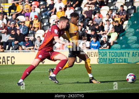 Newport, UK. 24th Sep, 2022. Nathan Moriah-Welsh of Newport County (R) scores his teams 1st goal. EFL football league two match, Newport county v Carlisle Utd at Rodney Parade in Newport, Wales on Saturday 24th September 2022. this image may only be used for Editorial purposes. Editorial use only, license required for commercial use. pic by Credit: Andrew Orchard sports photography/Alamy Live News