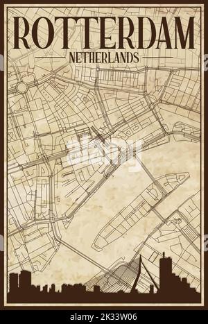 Brown vintage hand-drawn printout streets network map of the downtown ROTTERDAM, NETHERLANDS with brown city skyline and lettering Stock Vector