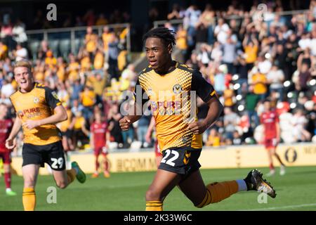 Newport, UK. 24th Sep, 2022. Nathan Moriah-Welsh of Newport County celebrates after he scores his teams 1st goal. EFL football league two match, Newport county v Carlisle Utd at Rodney Parade in Newport, Wales on Saturday 24th September 2022. this image may only be used for Editorial purposes. Editorial use only, license required for commercial use. pic by Credit: Andrew Orchard sports photography/Alamy Live News