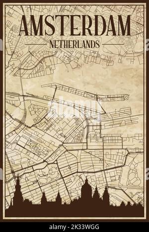 Brown vintage hand-drawn printout streets network map of the downtown AMSTERDAM, NETHERLANDS with brown city skyline and lettering Stock Vector