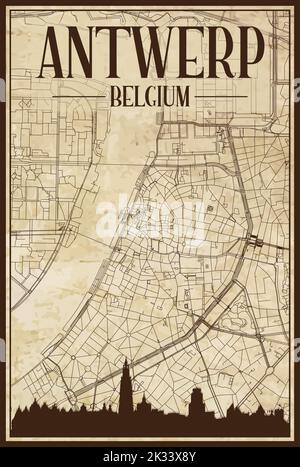 Brown vintage hand-drawn printout streets network map of the downtown ANTWERP, BELGIUM with brown city skyline and lettering Stock Vector